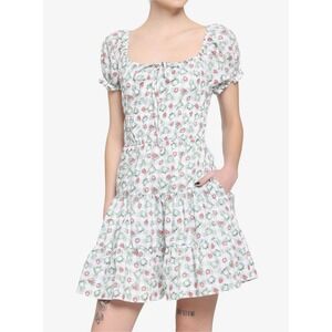 Hot Topic Frog Strawberry Gingham Square Neck Puff Sleeve Tiered Dress LG